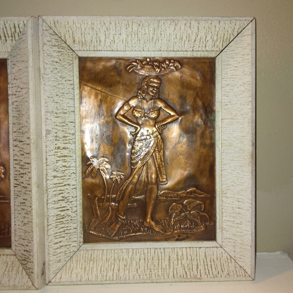 Mid Century Framed Embossed Press Copper Island Man and Woman Art Decor. - Picture 2 of 11